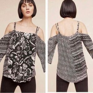 Anthropologie Black and White Patterned Off-Shoulder Blouse